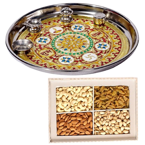 Holi Special Love and Concern with Meenakari styled Subh Labh Stainless Steel Thali with Assorted Dry Fruits Holi Special Love and Concern with Meenakari styled Subh Labh Stainless Steel Thali with Assorted Dry Fruits