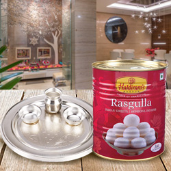 1 Kg. Haldiram Rasgulla with Silver Plated Puja Thali 1 Kg. Haldiram Rasgulla with Silver Plated Puja Thali