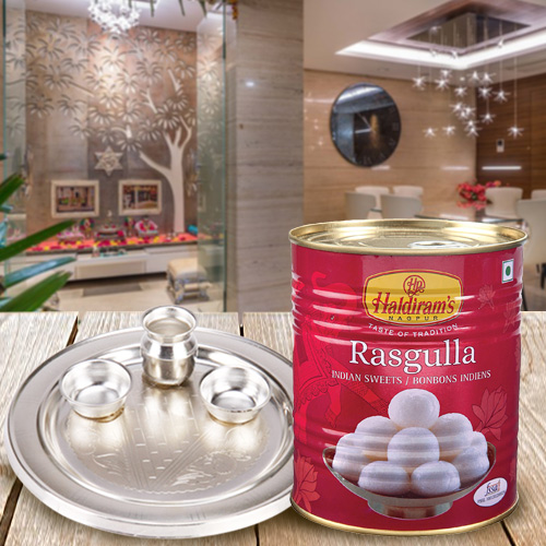 1 Kg. Haldiram Rasgulla with Silver Plated Puja Thali 1 Kg. Haldiram Rasgulla with Silver Plated Puja Thali