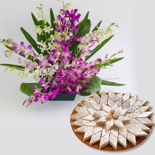 Orchids Basket and Kaju Katli Orchids Basket and Kaju Katli