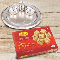 Silver Plated Puja Thali with Haldiram Soan Papdi Silver Plated Puja Thali with Haldiram Soan Papdi