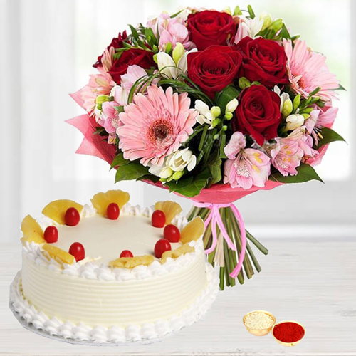 Eggless Cake and Mixed Flowers Bouquet Eggless Cake and Mixed Flowers Bouquet