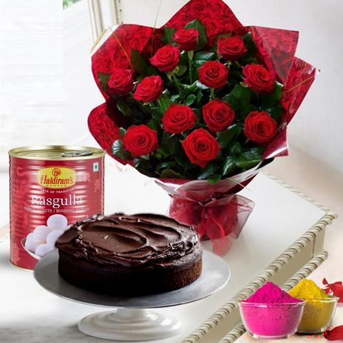 12 Red Roses and Haldiram Rasgulla with Eggless Cake 1 Kg. 12 Red Roses and Haldiram Rasgulla with Eggless Cake 1 Kg.