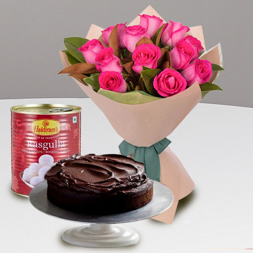 Gift Online Red Roses with Haldiran Rasgulla N Eggless Cake Gift Online Red Roses with Haldiran Rasgulla N Eggless Cake