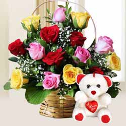Lovely Fond Affection 15 Mixed Roses with cute Teddy Bear Lovely Fond Affection 15 Mixed Roses with cute Teddy Bear
