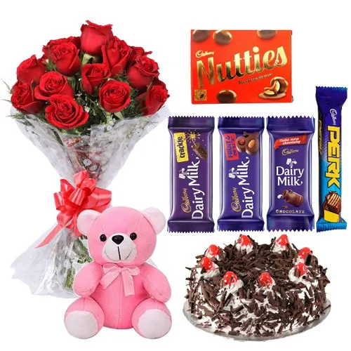 Order Cake with Assorted Cadbury Chocolates, Teddy N Dutch Roses Bouquet