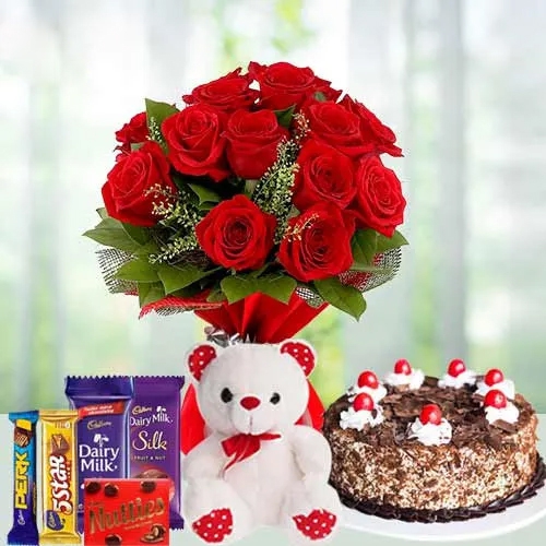 Red Roses Bouquet with Teddy N Chocolates for Chocolate Day Red Roses Bouquet with Teddy N Chocolates for Chocolate Day