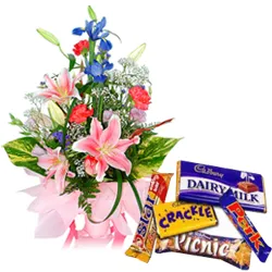 Order Mixed Flowers Arrangement with Mixed Cadbury Chocolates