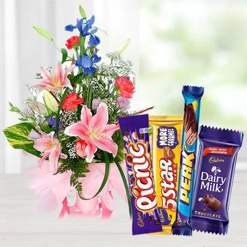 Order Seasonal Flowers Arrangement with Assorted Cadbury Chocolates