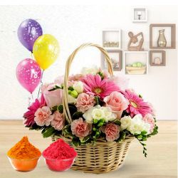 Colorful bouquet of beautiful Flowers and bright Balloons Colorful bouquet of beautiful Flowers and bright Balloons