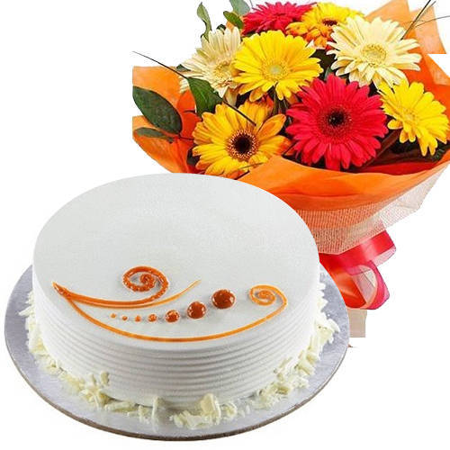 Buy Online Mixed Flowers Bouquet with Cake Buy Online Mixed Flowers Bouquet with Cake