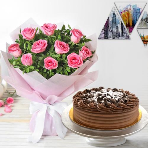 Shop Pink Roses Bouquet with Eggless Chocolate Cake Online Shop Pink Roses Bouquet with Eggless Chocolate Cake Online