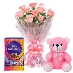 Frenzy Pink Rose Hand Bunch, Small Teddy and Mini Cadbury Celebration Frenzy Pink Rose Hand Bunch, Small Teddy and Mini Cadbury Celebration