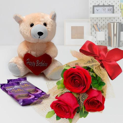 Ideal Small Teddy, Roses and Dairy Milk Silk Chocolate Bars Ideal Small Teddy, Roses and Dairy Milk Silk Chocolate Bars