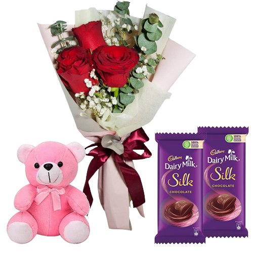 Fancy Small Teddy, Roses and Dairy Milk Silk Chocolate Bars Fancy Small Teddy, Roses and Dairy Milk Silk Chocolate Bars