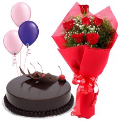 Perfect Choice Truffle Cake, Red Roses Bunch with Balloons Perfect Choice Truffle Cake, Red Roses Bunch with Balloons