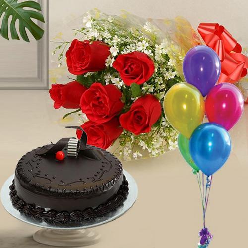 Gratifying 1 Kg Chocolate Cake with 6 Red Roses and 5 Balloons Gratifying 1 Kg Chocolate Cake with 6 Red Roses and 5 Balloons