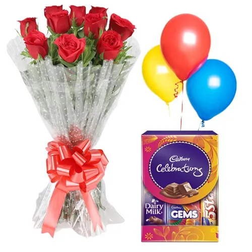Perfect Choice of Red Roses Bouquet, Balloons and Cadbury Celebration Mini