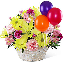 Enchanted Love Mixed Flowers Arrangement in Basket with Colorful Balloons Enchanted Love Mixed Flowers Arrangement in Basket with Colorful Balloons