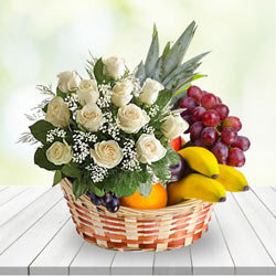 Tropical Sincerest Thanks White Roses N Fruits Gift Tropical Sincerest Thanks White Roses N Fruits Gift