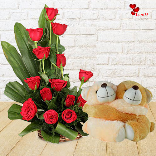 Deliver Twin Teddy N Red Roses Basket Online Deliver Twin Teddy N Red Roses Basket Online