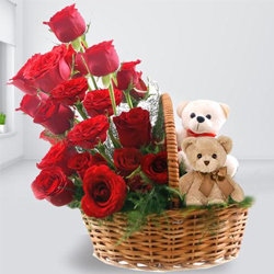 Eye-Catching Red Roses and Twin Teddy Arrangement Eye-Catching Red Roses and Twin Teddy Arrangement