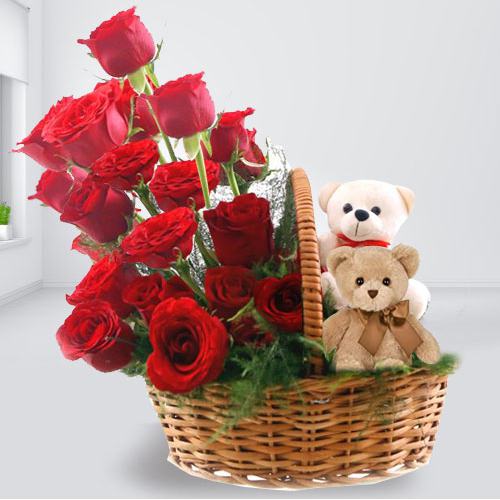 Eye-Catching Red Roses and Twin Teddy Arrangement Eye-Catching Red Roses and Twin Teddy Arrangement
