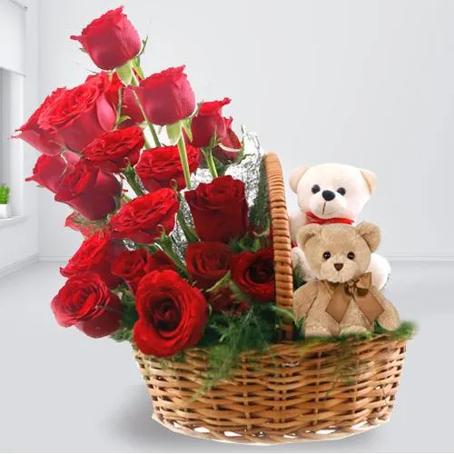 Eye-Catching Red Roses and Twin Teddy Arrangement