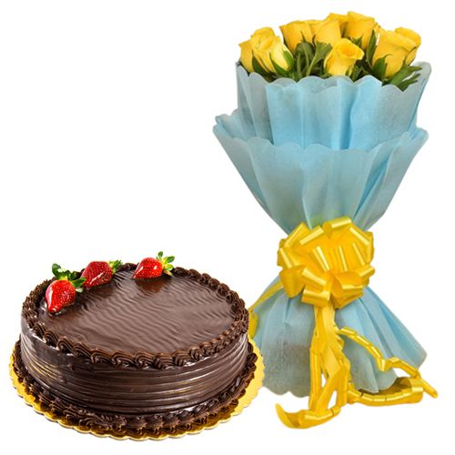 Yellow Roses with Chocolate Cake Yellow Roses with Chocolate Cake