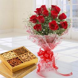 Graceful Treat of Dry Fruits and 12 Red Roses Bouquet Graceful Treat of Dry Fruits and 12 Red Roses Bouquet