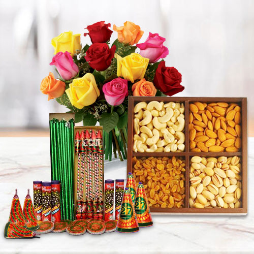 Astounding Collection of Dry Fruits, 12 Pcs Mixed Roses and Crackers Astounding Collection of Dry Fruits, 12 Pcs Mixed Roses and Crackers