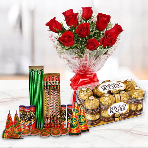 Enchanting Hamper of 16 Pcs Ferrero Rocher, 10 Pcs Red Rose Bunch and Crackers Enchanting Hamper of 16 Pcs Ferrero Rocher, 10 Pcs Red Rose Bunch and Crackers