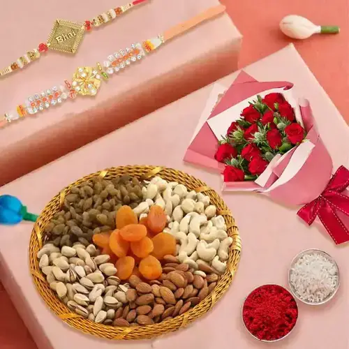 Exclusive 12 Red Roses along with yummy mixed Dry Fruits with Free 2 Rakhis and Roli Tilak Chawal Exclusive 12 Red Roses along with yummy mixed Dry Fruits with Free 2 Rakhis and Roli Tilak Chawal