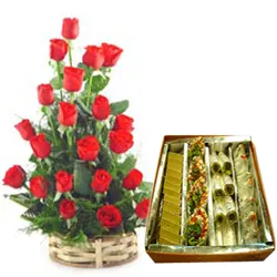 Deliver Assorted Sweets with Red Roses Basket Arrangement