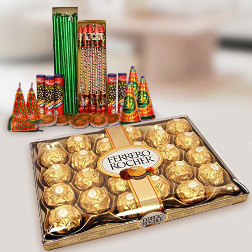 Precious Treat of 24 Pc. Ferrero Rocher Chocolates Box N Fire Cracker for Diwali Celebration Precious Treat of 24 Pc. Ferrero Rocher Chocolates Box N Fire Cracker for Diwali Celebration