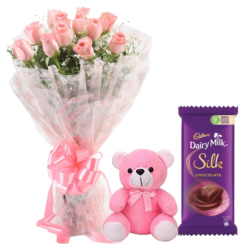 Send Teddy Day Surprise of Teddy, Chocolates N Pink Roses Online Send Teddy Day Surprise of Teddy, Chocolates N Pink Roses Online