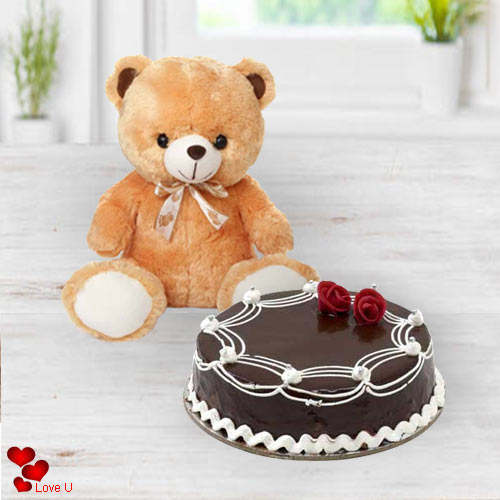 Send Online Teddy N Chocolate Cake for V-Day Send Online Teddy N Chocolate Cake for V-Day