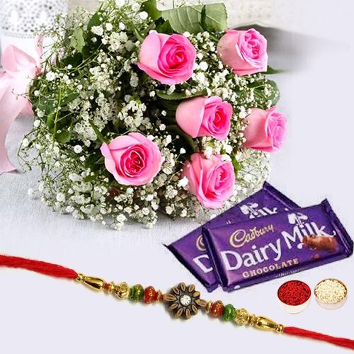 2 pcs Dairy Milk (13 gms each), 6 Pink Rose Bunch with Designer Rakhi 2 pcs Dairy Milk (13 gms each), 6 Pink Rose Bunch with Designer Rakhi
