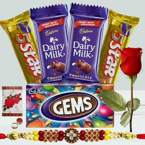 2 pcs Dairy Milk (13 gms each), 1 pc Gems, 2 pcs 5star, 1 Designer Rakhi with Single Red Rose