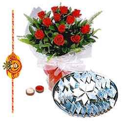 Delightful Set of Rakhi with Kaju Katli and Roses Delightful Set of Rakhi with Kaju Katli and Roses