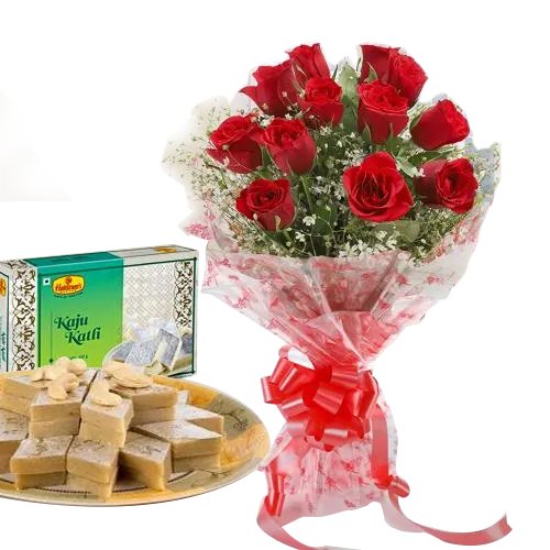 Lovely charming Red Roses combined with mouthwatering Kaju Katli Lovely charming Red Roses combined with mouthwatering Kaju Katli