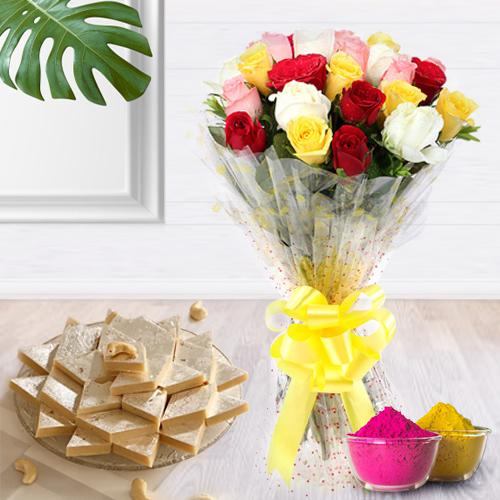 Charming assorted Roses with delicious Kaju Barfi delight Charming assorted Roses with delicious Kaju Barfi delight