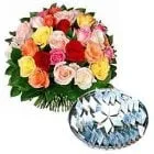 Order Kaju Barfi with Mixed Roses Bouquet