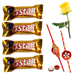 Cadburys 5 Star with 2 Rakhi with One Yellow Rose Cadburys 5 Star with 2 Rakhi with One Yellow Rose