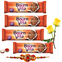 Bournvita Chocolate Cookies with 1 Rakhi with Two Yellow Rose Bournvita Chocolate Cookies with 1 Rakhi with Two Yellow Rose