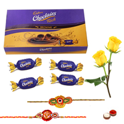 Cadburys Choclairs Gold Pack with 2 Rakhi with Two Yellow Rose Cadburys Choclairs Gold Pack with 2 Rakhi with Two Yellow Rose