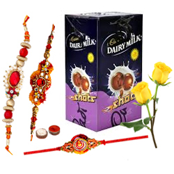 Cadbury’s Chocolate Shots with 3 Rakhi with Two Red Rose Cadbury’s Chocolate Shots with 3 Rakhi with Two Red Rose