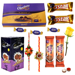 Cadbury’s Assorted Chocolates with 2 Rakhi with One Yellow Rose Cadbury’s Assorted Chocolates with 2 Rakhi with One Yellow Rose