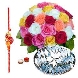 Exciting Kaju Katli and 24 Mixed Roses Bouquet Exciting Kaju Katli and 24 Mixed Roses Bouquet