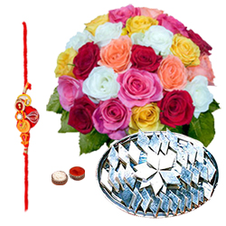 Exciting Kaju Katli and 24 Mixed Roses Bouquet Exciting Kaju Katli and 24 Mixed Roses Bouquet